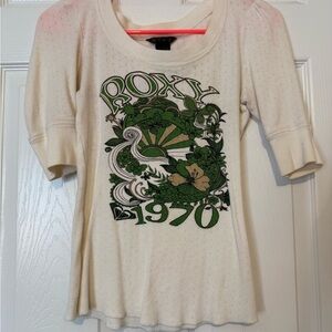 Roxy Cream 1/4 Sleeve Tee with Green Logo